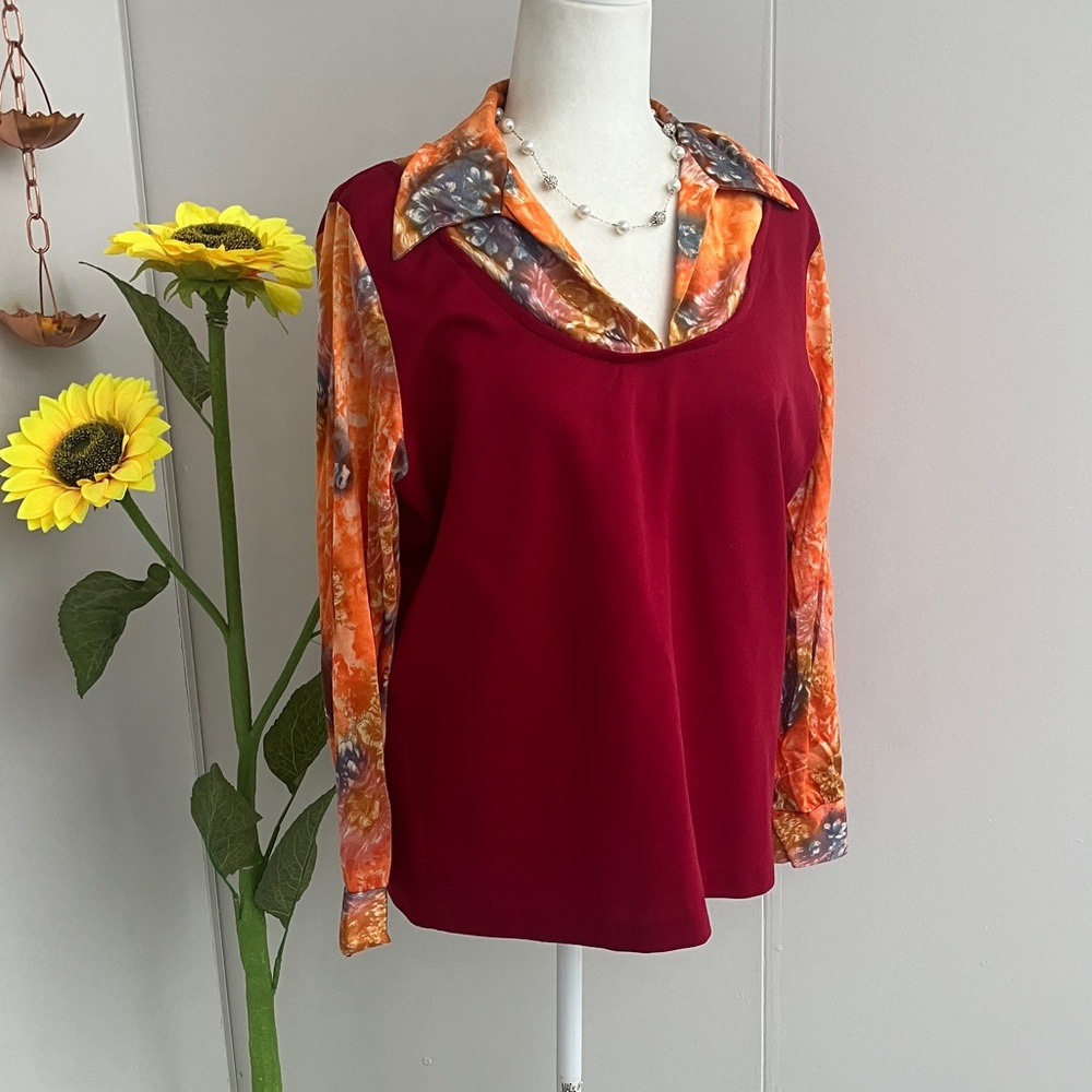 Vintage 60s 70s Faux Layered Red and Orange Abstract Floral Dagger Collar Shirt